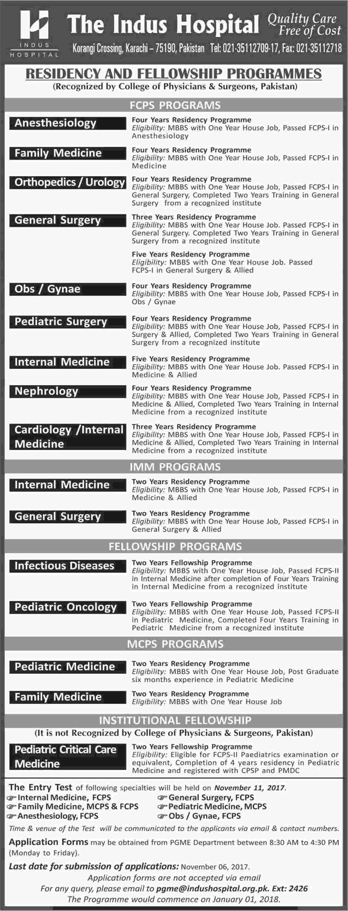 Indus Hospital Karachi Jobs October 2017 Residency & Fellowship Programs Latest