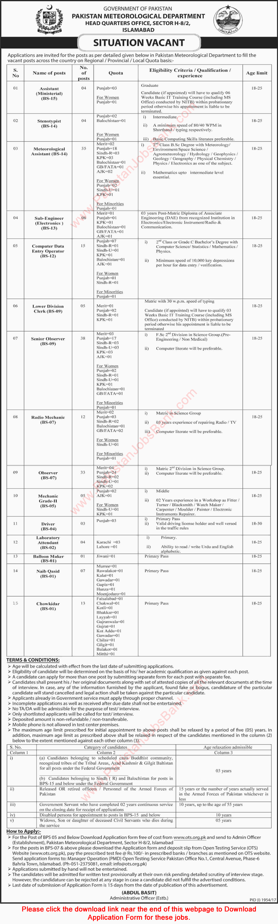 Pakistan Meteorological Department Jobs 2017 October Islamabad OTS Application Form Download Latest