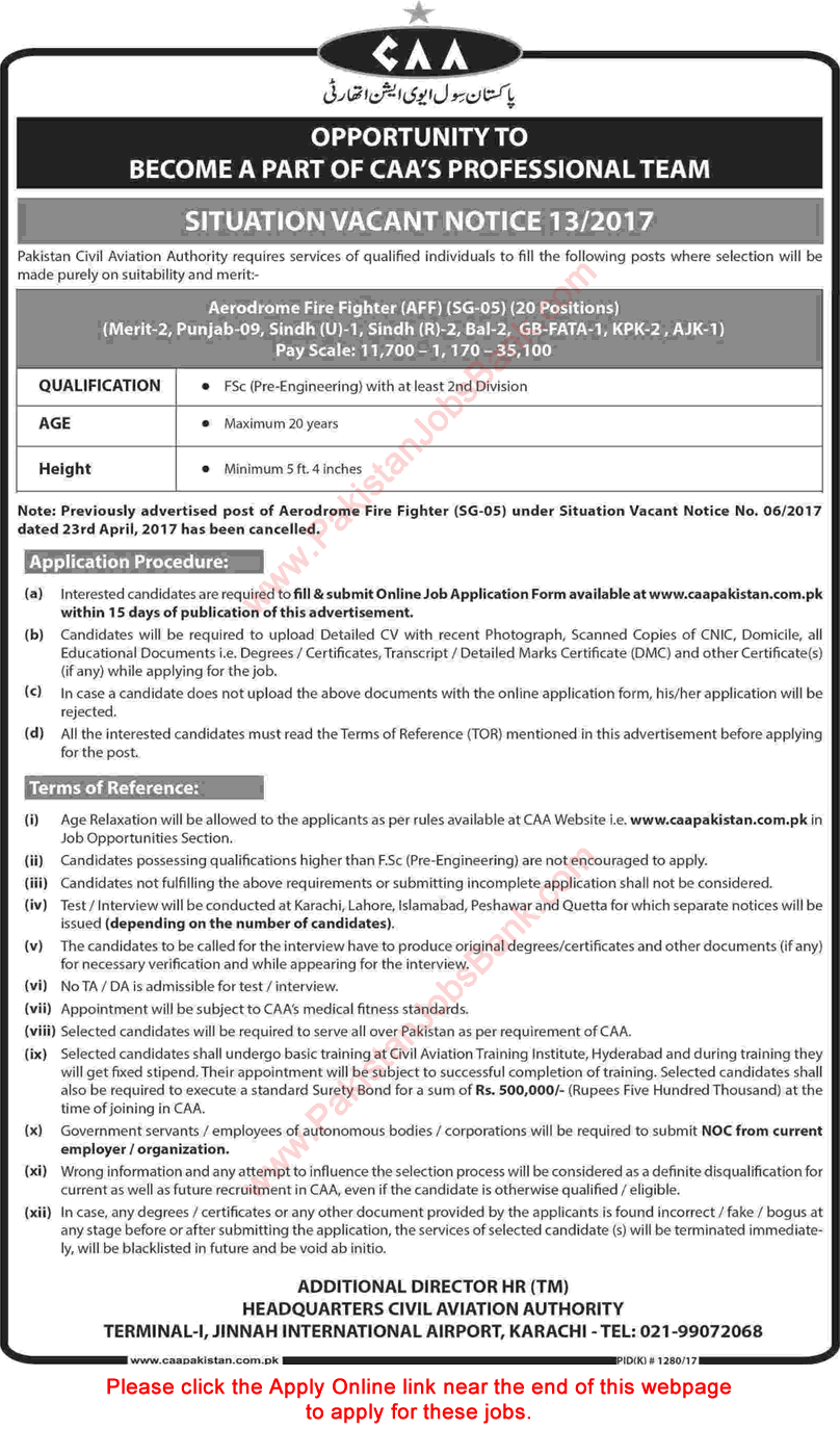 Aerodrome Fire Fighter Jobs in Civil Aviation Authority Pakistan October 2017 CAA Apply Online Latest