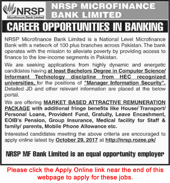 Information Security Manager Jobs in NRSP Microfinance Bank October 2017 Apply Online Latest