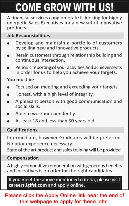 Sales Executive Jobs in Lahore / Karachi October 2017 IGIFSI Apply Online Latest