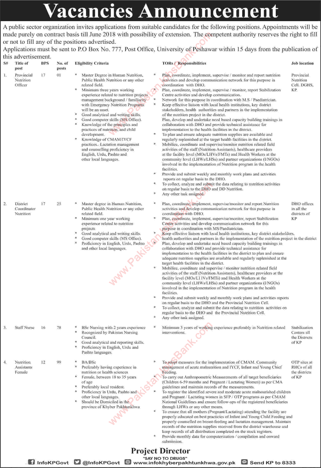 PO Box 777 Peshawar Jobs 2017 October Female Nutrition Assistants, Nurses & Others Latest