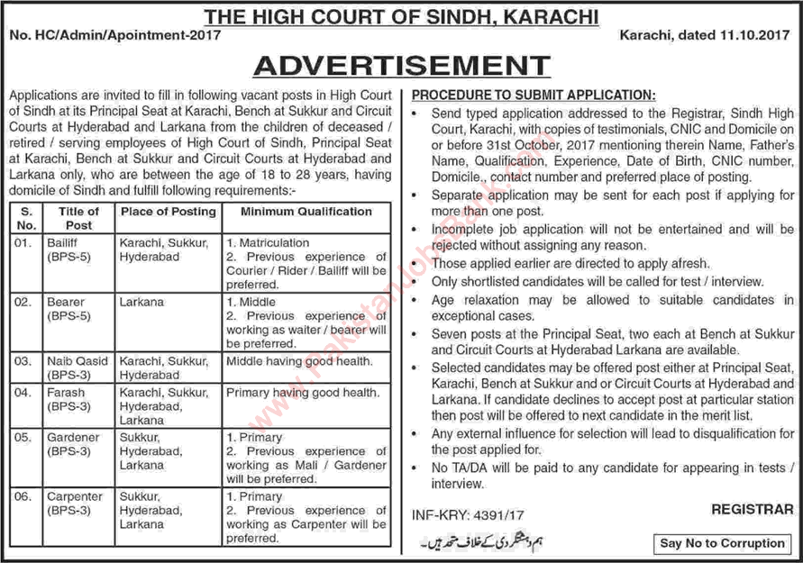 Sindh High Court Jobs October 2017 Naib Qasid, Farash, Gardeners & Others Latest