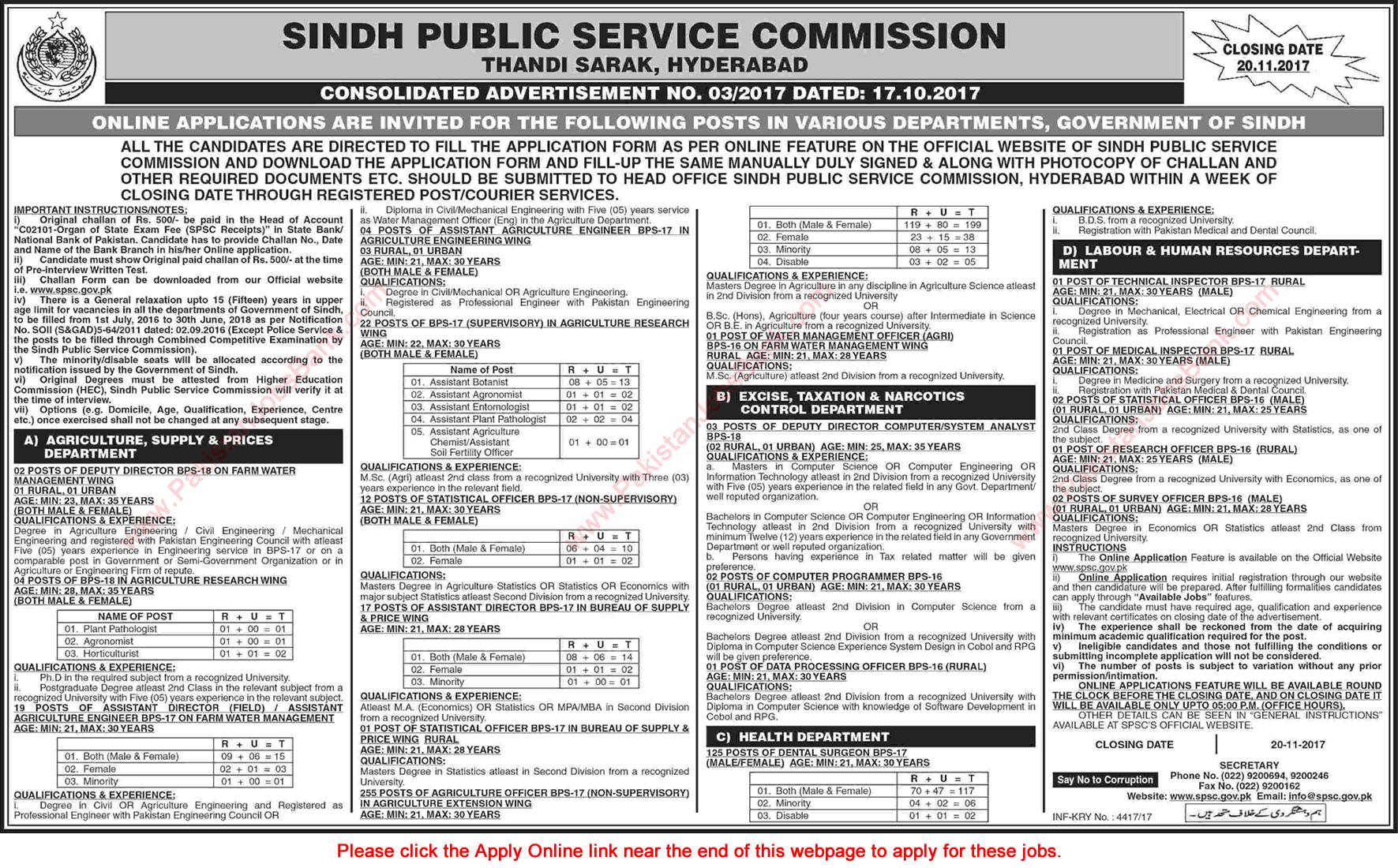 SPSC Jobs October 2017 Apply Online Consolidated Advertisement No 03/2017 3/2017 Latest