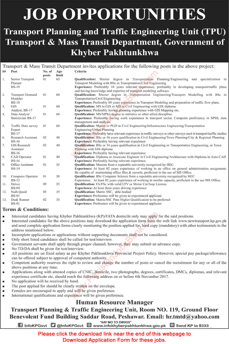 Transport and Mass Transit Department KPK Jobs October 2017 Application Form Naib Qasid, Drivers & Others Latest