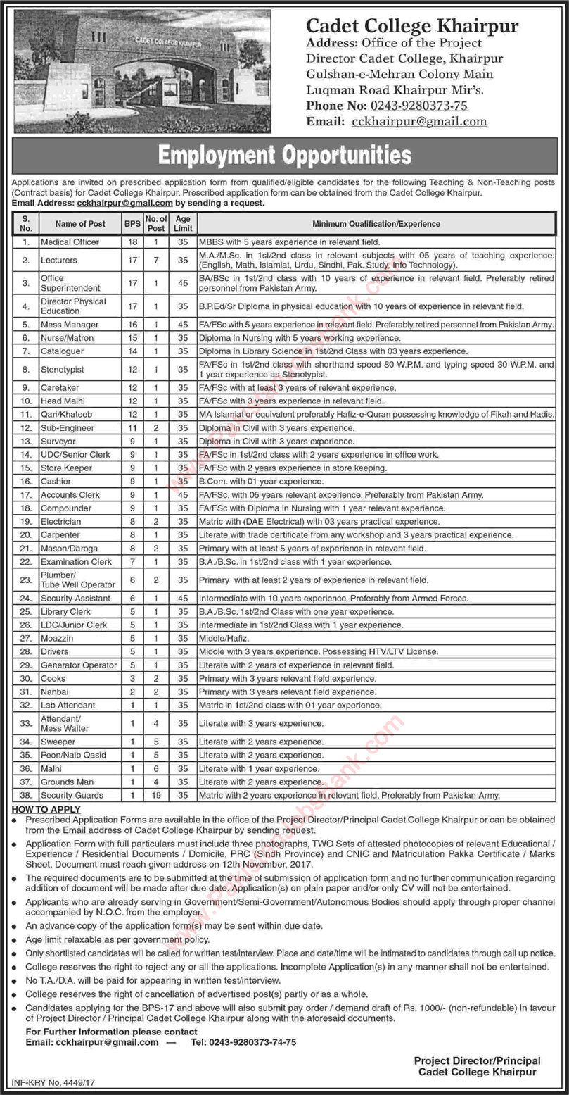 Cadet College Khairpur Jobs 2017 October Lecturers, Sub Engineers, Naib Qasid, Security Guards & Others Latest