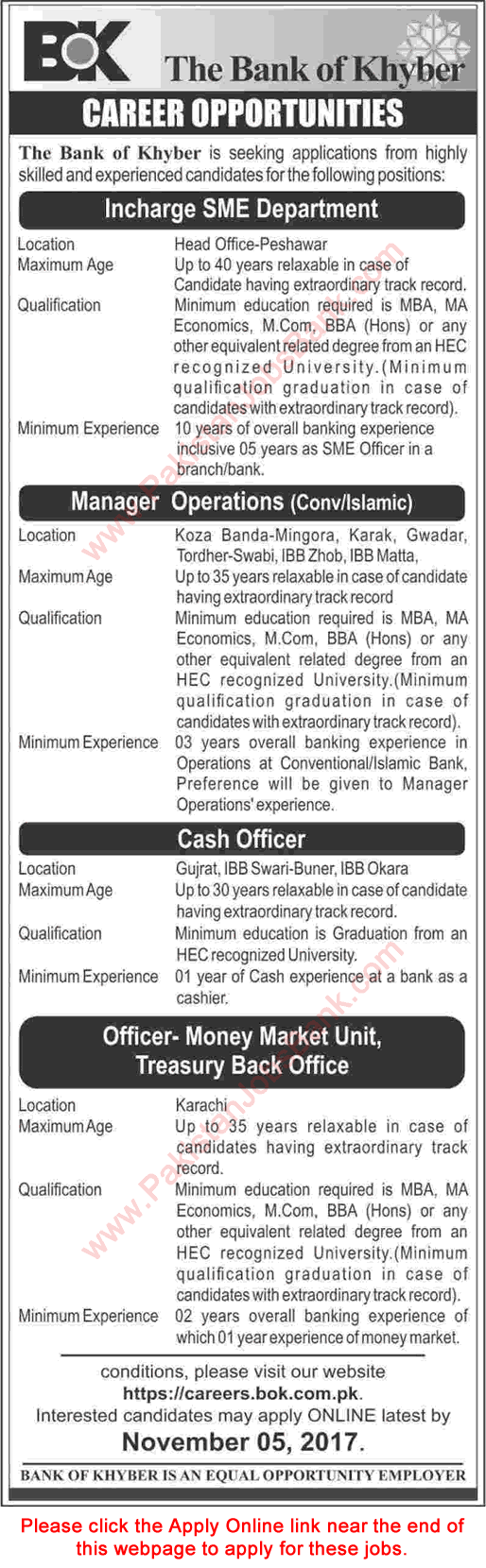 Bank of Khyber Jobs October 2017 Apply Online Cash Officers, Operations Manager & Others Latest