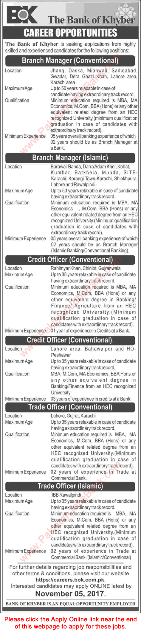 Bank of Khyber Jobs October 2017 November Apply Online Branch Managers, Trade & Credit Officers Latest