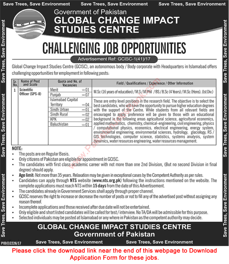 Scientific Officer Jobs in Global Change Impact Studies Centre Islamabad 2017 October / November NTS Application Form Latest