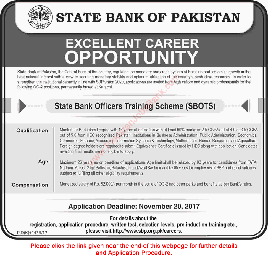 State Bank of Pakistan Jobs October 2017 November Apply Online Assistant Directors Training Scheme SBOTS Latest