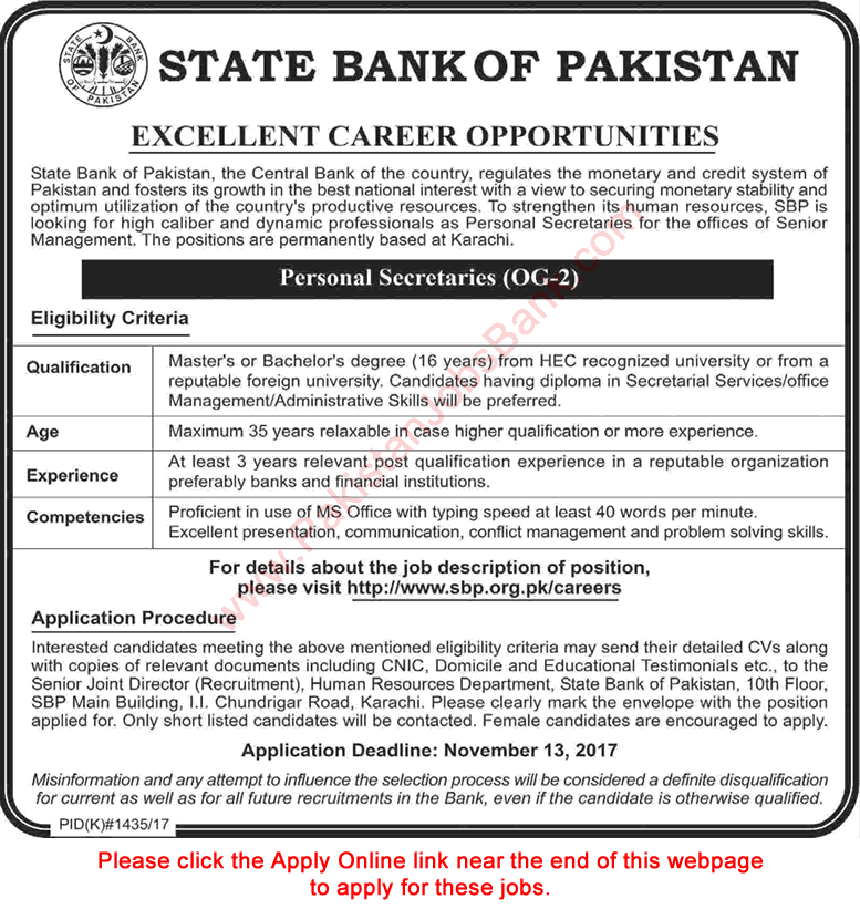 Personal Secretary Jobs in State Bank of Pakistan October 2017 November Apply Online SBP Latest