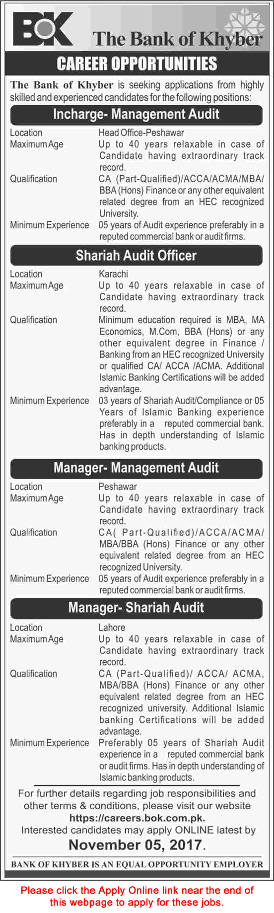 Bank of Khyber Jobs October 2017 November Apply Online BOK Latest