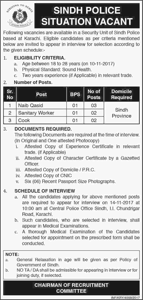 Sindh Police Jobs October 2017 November Karachi Naib Qasid, Sanitary Workers & Cooks Latest