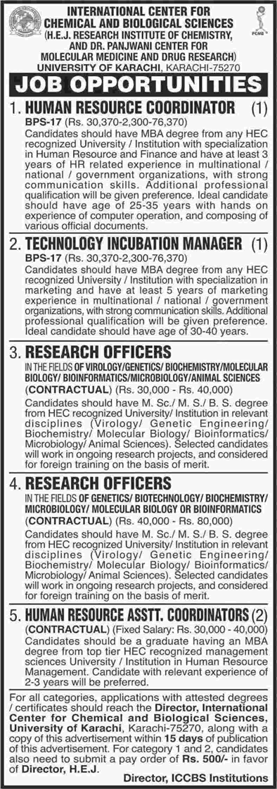 ICCBS University of Karachi Jobs October 2017 November Research Officers & Others Latest