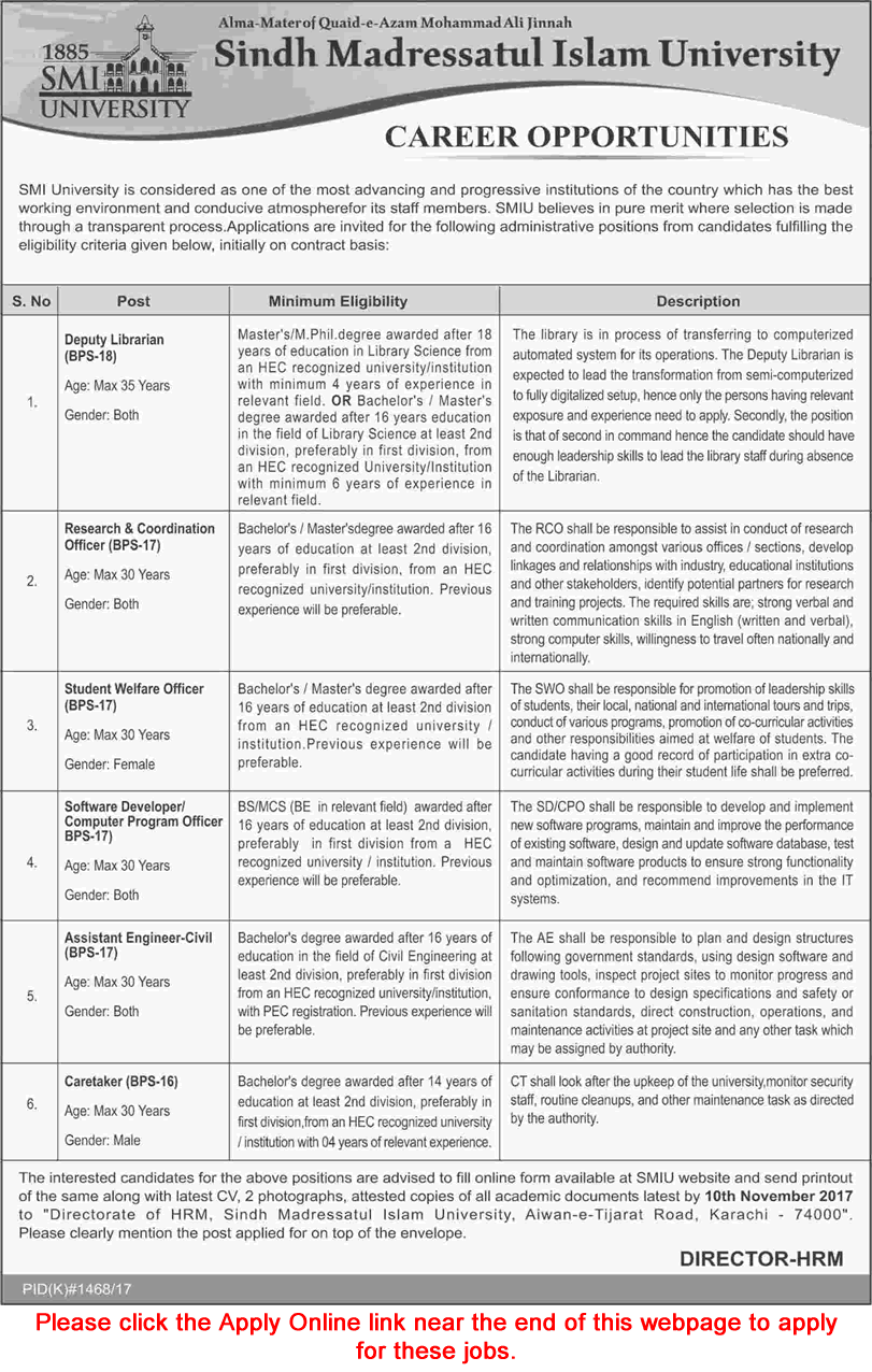 Sindh Madressatul Islam University Karachi Jobs October 2017 November Apply Online SMIU Latest