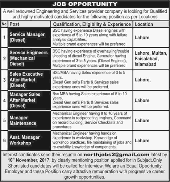 Engineering & Services Provider Company Jobs in Pakistan 2017 October / November Service Engineers Latest
