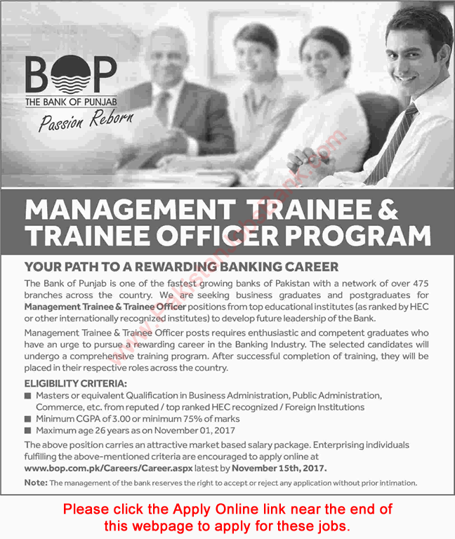 Bank of Punjab Management Trainee Officer Jobs November 2017 Apply Online MTO Program BOP Latest