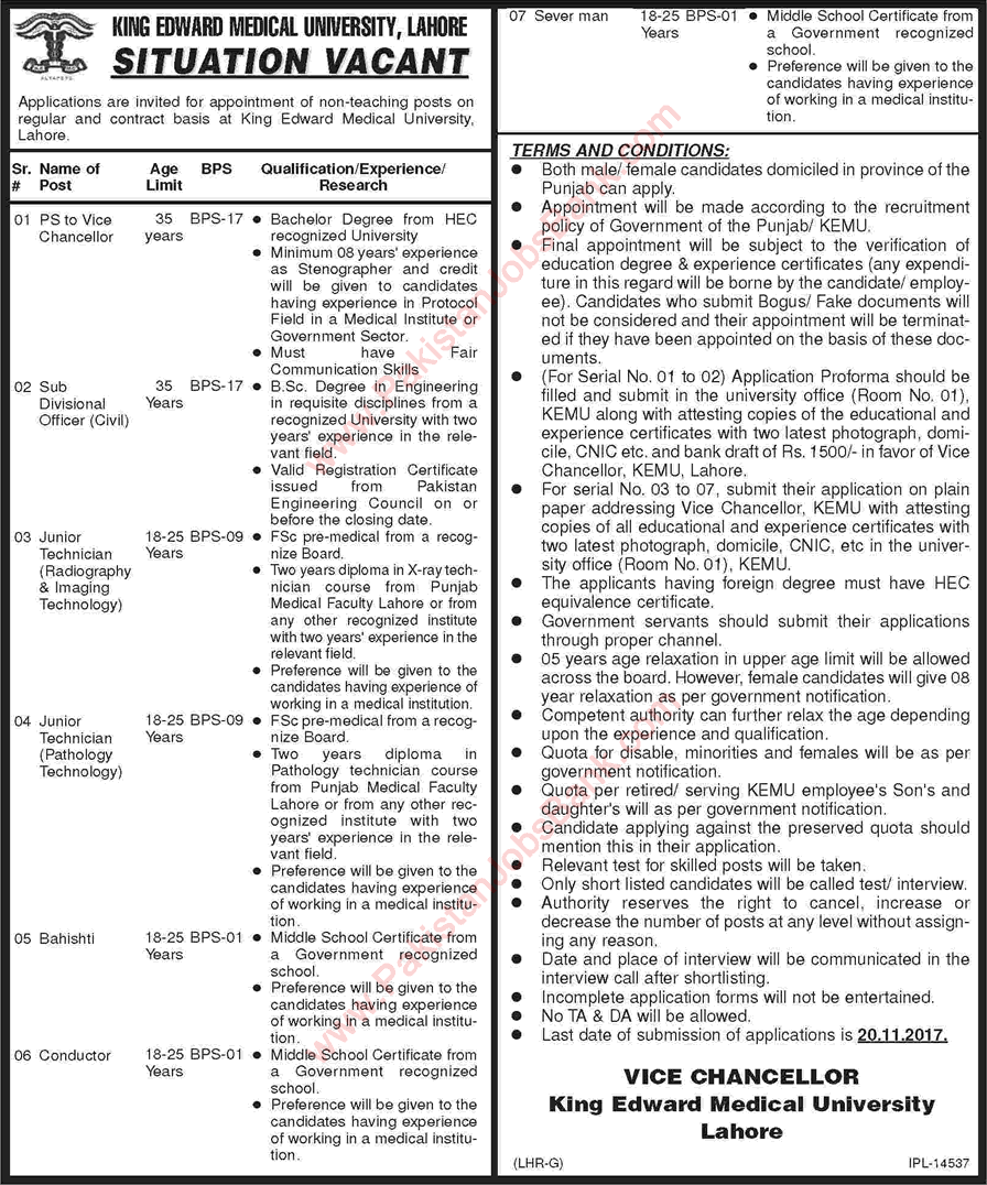 King Edward Medical University Lahore Jobs November 2017 Radiographer, Lab Technician & Others Latest