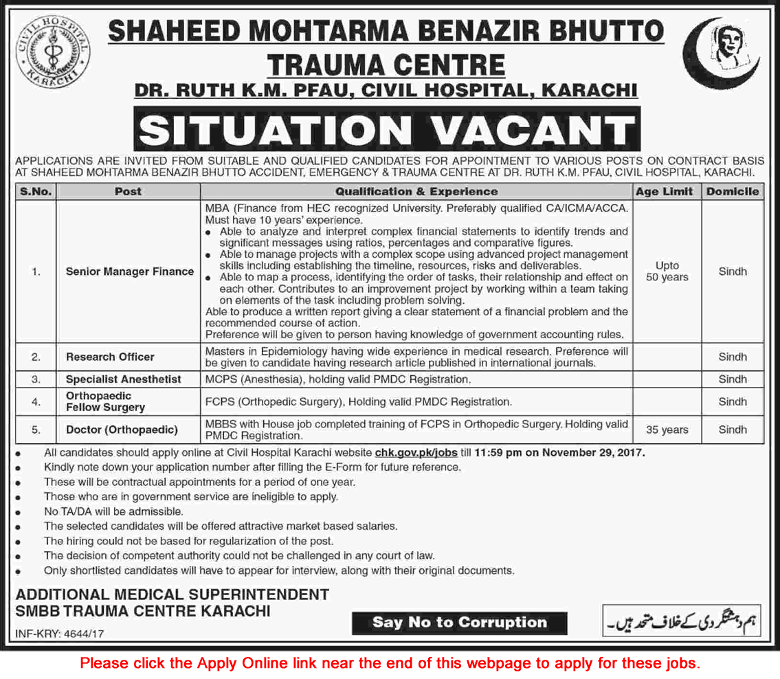 Civil Hospital Karachi Jobs November 2017 Apply Online SMBB Trauma Centre Latest