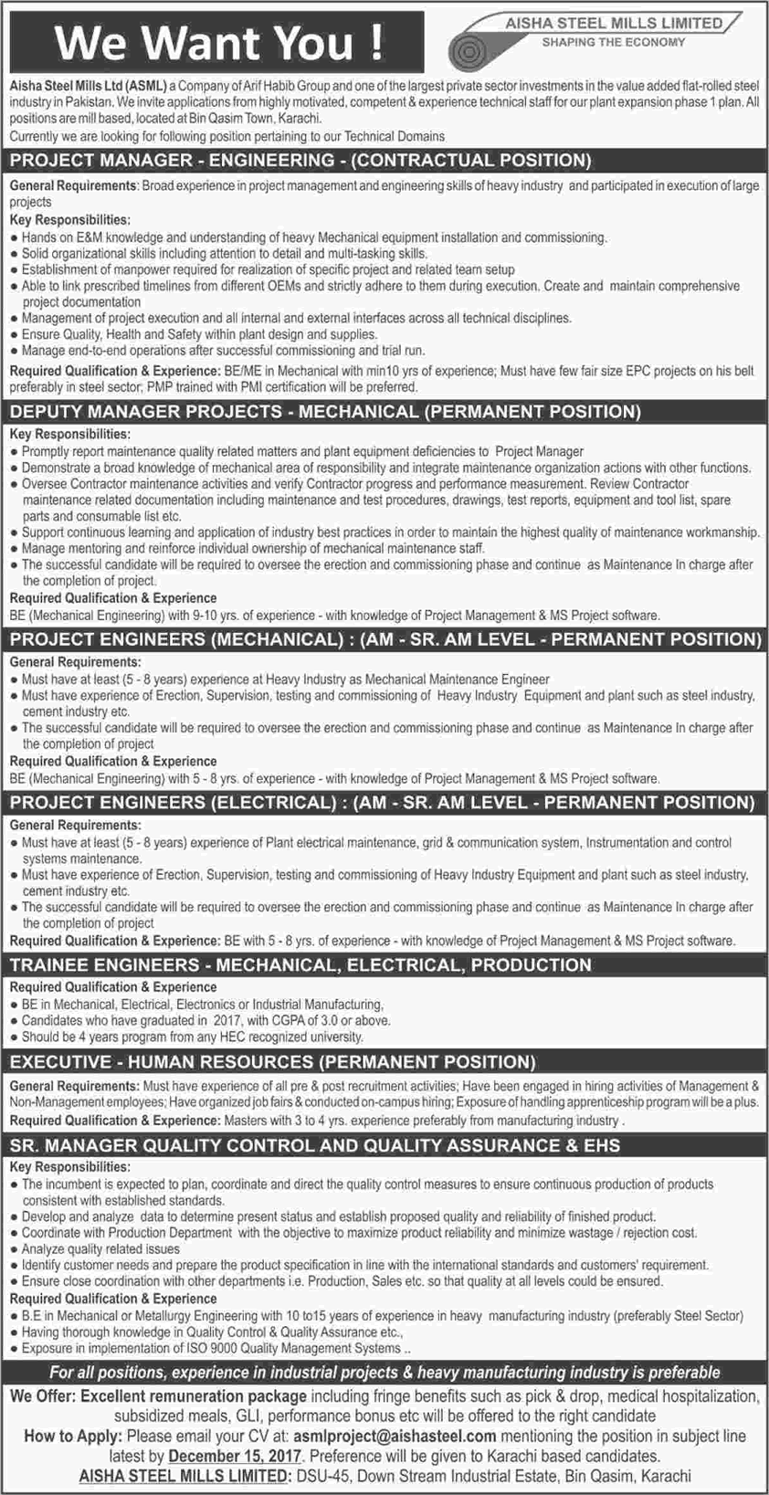 Aisha Steel Mills Limited Karachi Jobs 2017 November Mechanical / Electrical Engineers & Others Latest