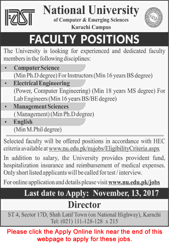 FAST University Karachi Jobs November 2017 Apply Online Teaching Faculty Latest