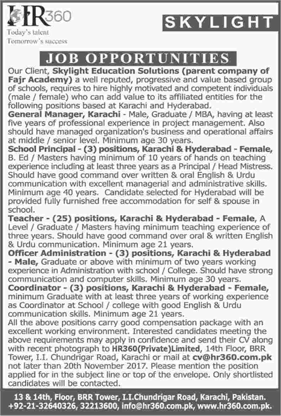 Skylight Education Solutions Karachi / Hyderabad Jobs 2017 November Fajr Academy Latest