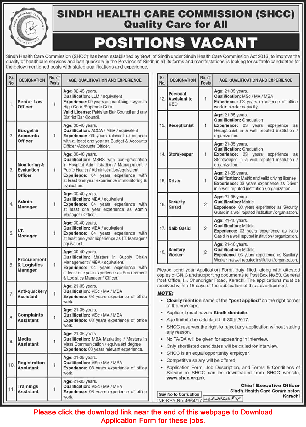 Sindh Healthcare Commission Jobs November 2017 Application Form Download SHCC Latest