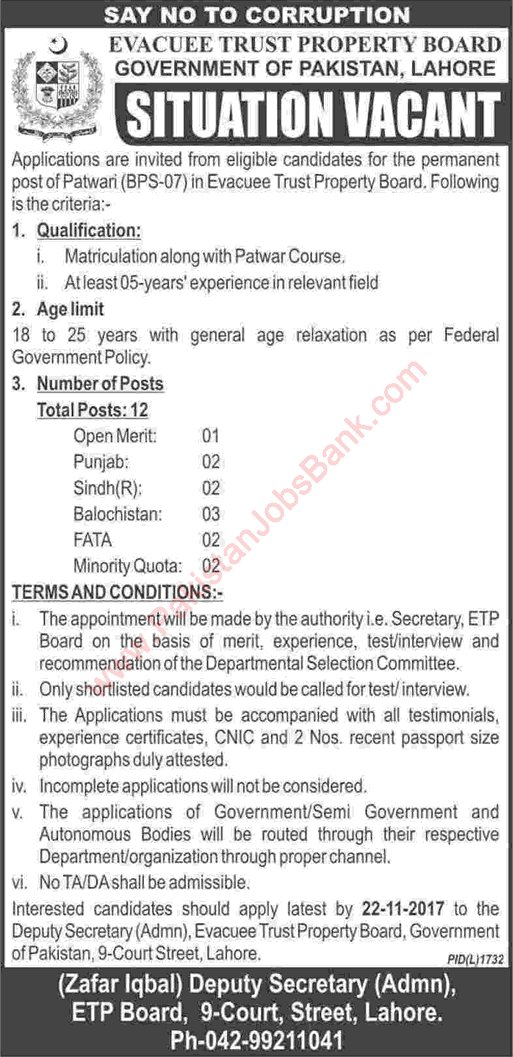 Patwari Jobs in Evacuee Trust Property Board Lahore November 2017 Latest