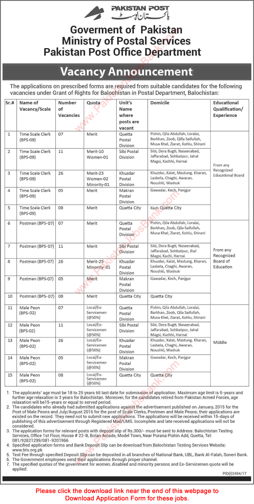 Pakistan Post Office Jobs November 2017 Balochistan BTS Application Form Time Scale Clerks, Postmen & Peons Latest