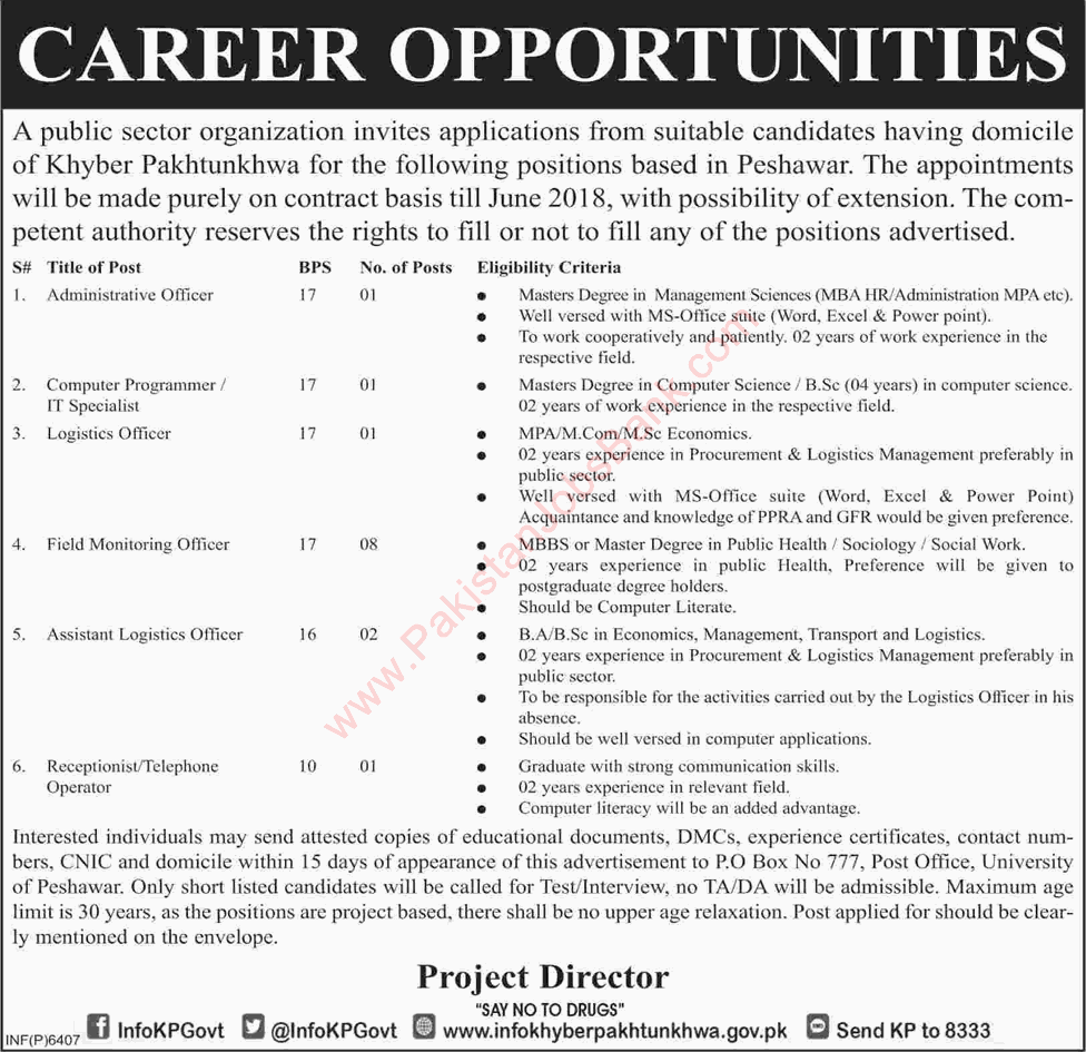 PO Box 777 Peshawar Jobs November 2017 Field Monitoring Officers & Others Latest