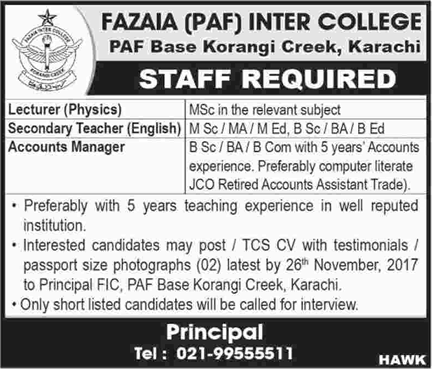 Fazaia Inter College Karachi Jobs November 2017 Lecturers, Teacher & Account Manager Latest