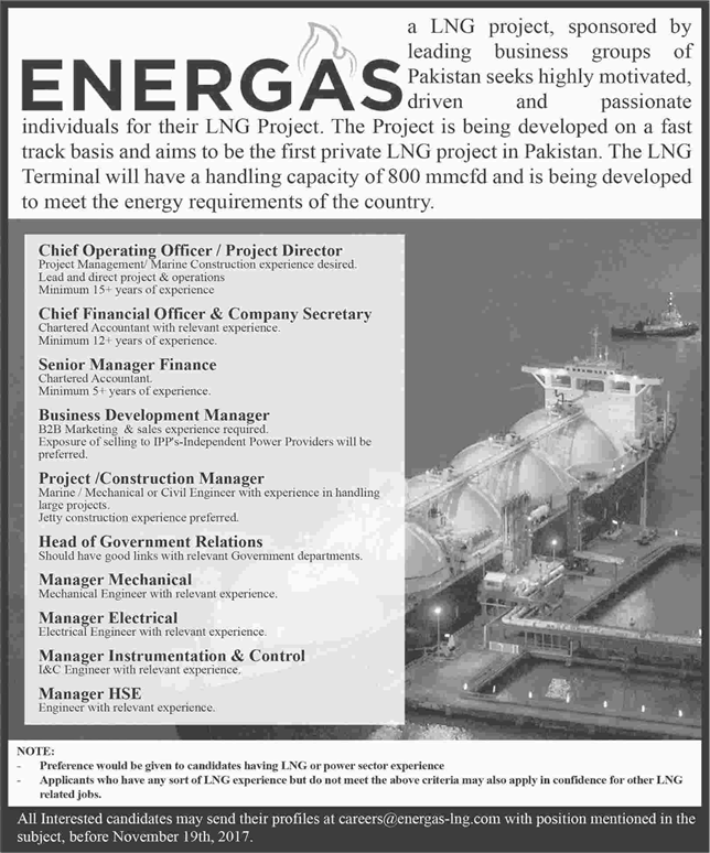 Energas Pakistan Jobs 2017 November Managers & Others Latest