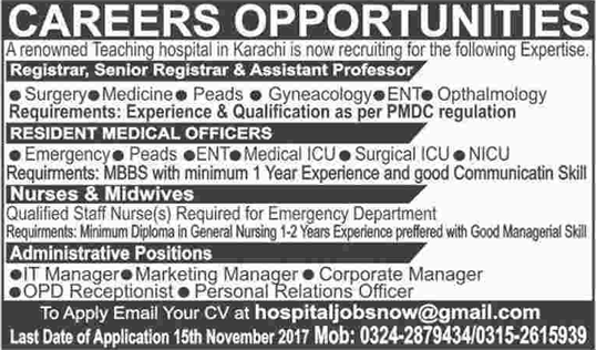 Hospital Jobs in Karachi November 2017 Medical Officers, Nurses & Others Latest