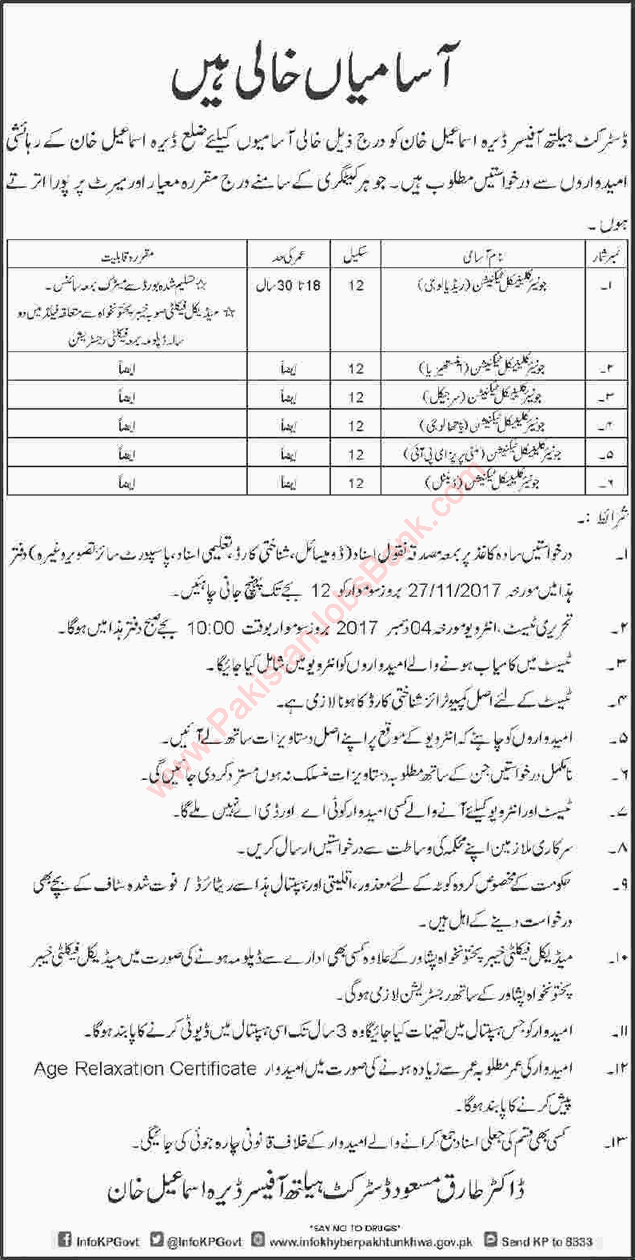 Clinical Technician Jobs in Health Department Dera Ismail Khan 2017 November Latest