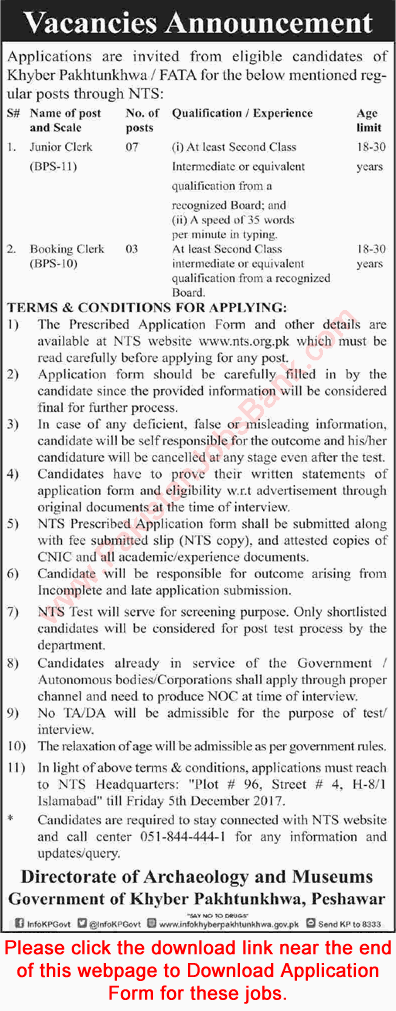 Clerk Jobs in Directorate of Archaeology and Museums KPK 2017 November NTS Application Form Latest