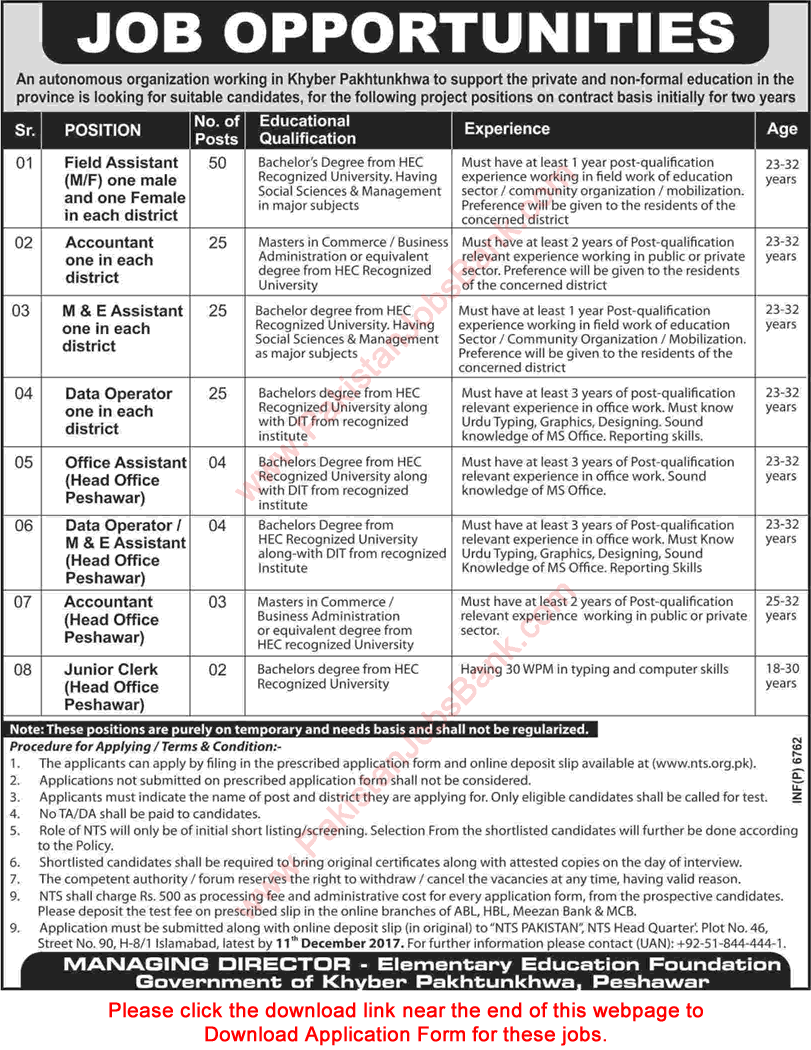 Elementary Education Foundation KPK Jobs November 2017 NTS Application Form Field Assistants, Accountants & Others Latest