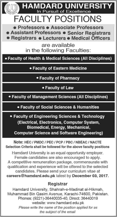 Hamdard University Karachi Jobs November 2017 December Teaching Faculty & Medical Officers Latest