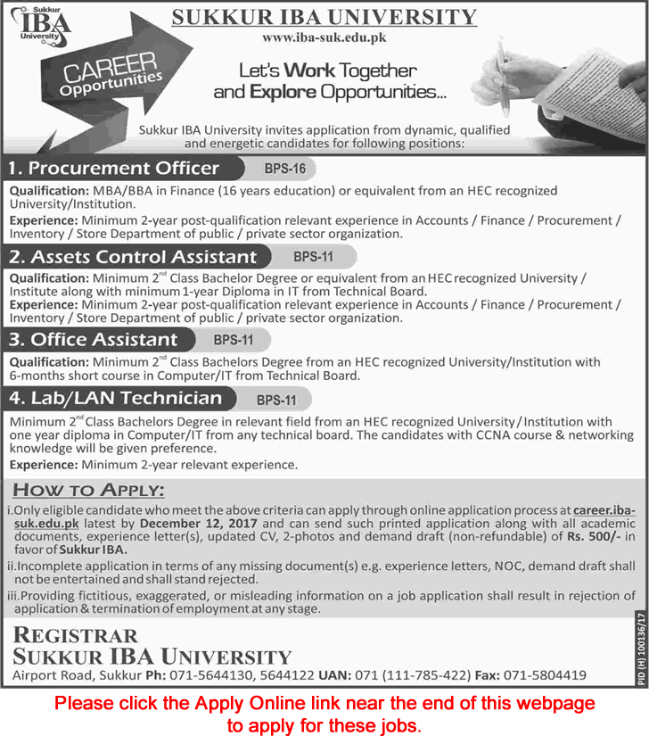 Sukkur IBA University Jobs November 2017 December Apply Online Office Assistant, LAN Technician & Others Latest