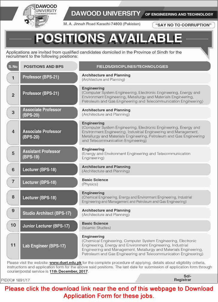 Dawood University Karachi Jobs November 2017 December DUET Application Form Download Latest