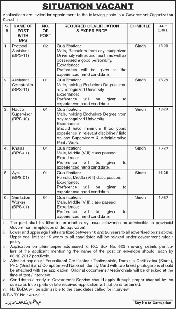 PO Box 825 Karachi Jobs 2017 November / December Government Organization Latest