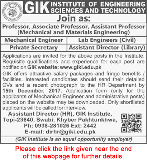 GIKI University Swabi Jobs December 2017 Teaching Faculty, Lab Engineers & Others Latest