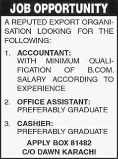 Accountant, Office Assistant & Cashier Jobs in Karachi 2017 December Latest