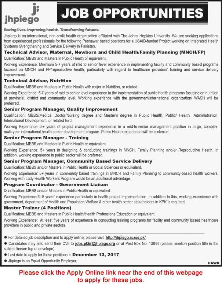 Jhpiego NGO Pakistan Jobs 2017 December Apply Online Master Trainers, Program Managers & Others Latest