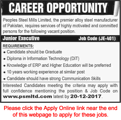 Junior Executive Jobs in Peoples Steel Mills Karachi December 2017 Apply Online PSML Latest