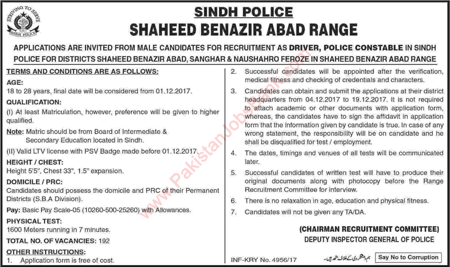 Constable Driver Jobs in Sindh Police November 2017 December Shaheed Benazirabad Range Latest