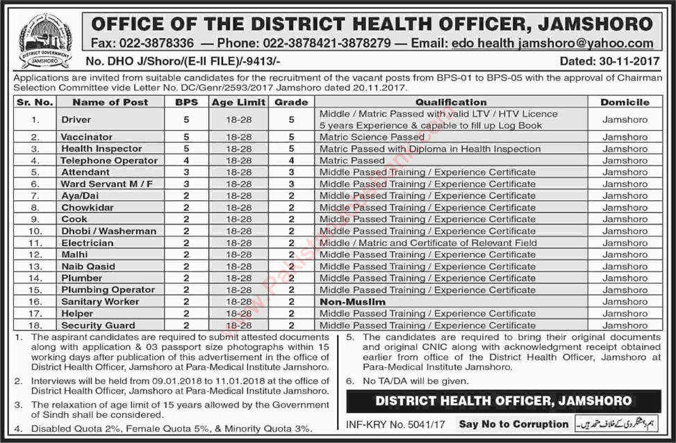 Health Department Sindh Jobs December 2017 Jamshoro Naib Qasid, Drivers, Security Guards & Others Latest