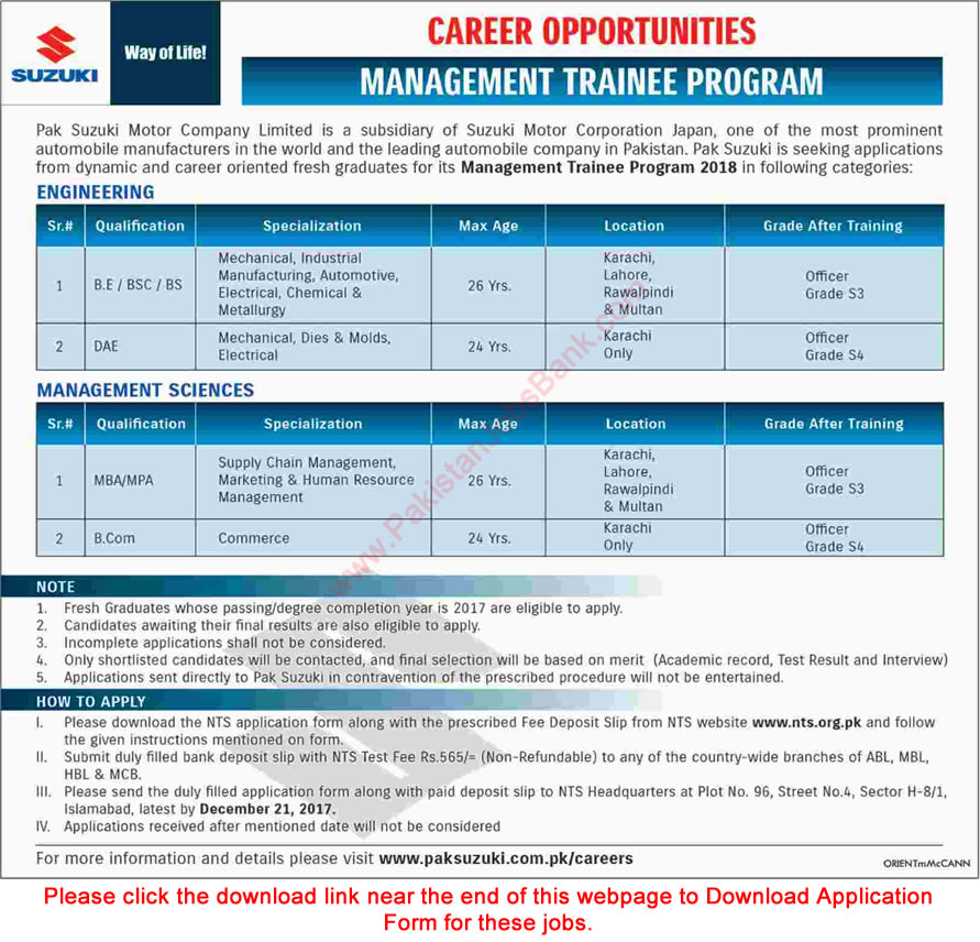 Pak Suzuki Management Trainee Program 2018 Motor Company NTS Application Form Download Latest