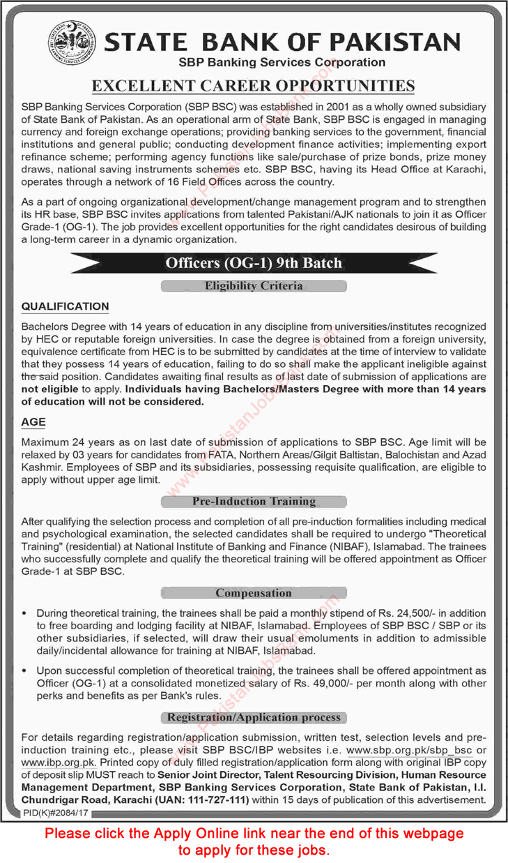 State Bank of Pakistan Jobs December 2017 Apply Online Officer Grade-I OG-1 Latest / New