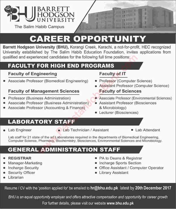 Barrett Hodgson University Karachi Jobs December 2017 Teaching Faculty, Lab & Admin Staff Latest