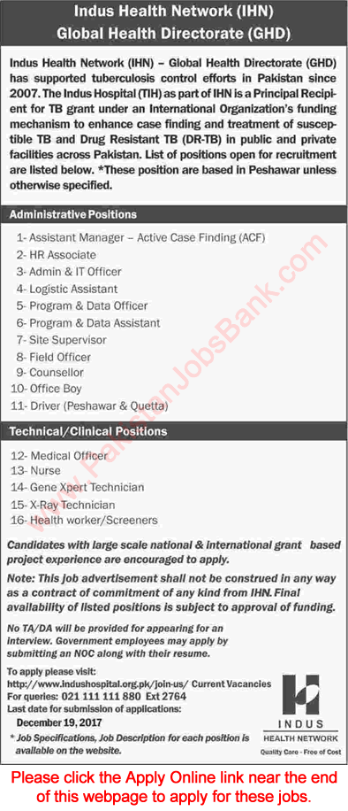 Indus Hospital Peshawar Jobs December 2017 Apply Online Medical Officer, Nurse, Admin Staff & Others Latest